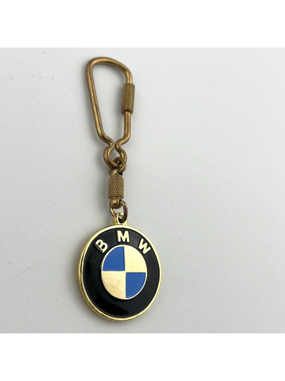 Vintage 1980s BMW Brass and Enamel Keychain Key Ring w/ Carabiner Clip